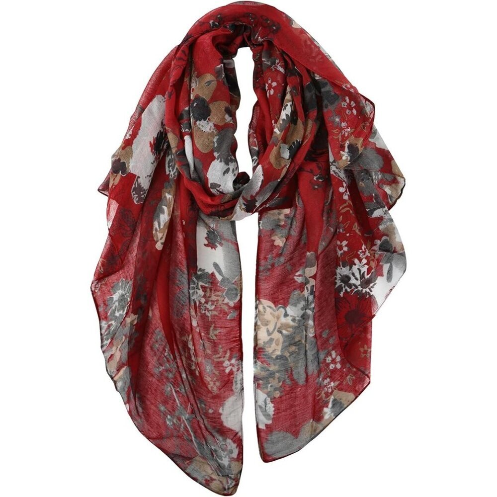 Wome maroon Fashion Flowers Print Scarves Winter Head Shawl Cotton Wrap